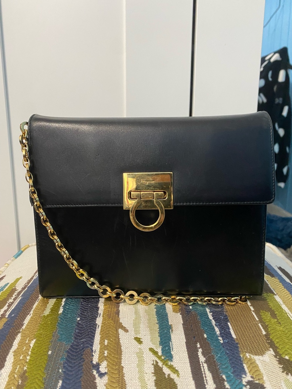 Salvatore Ferragamo Black Leather Chain Shoulder Bag